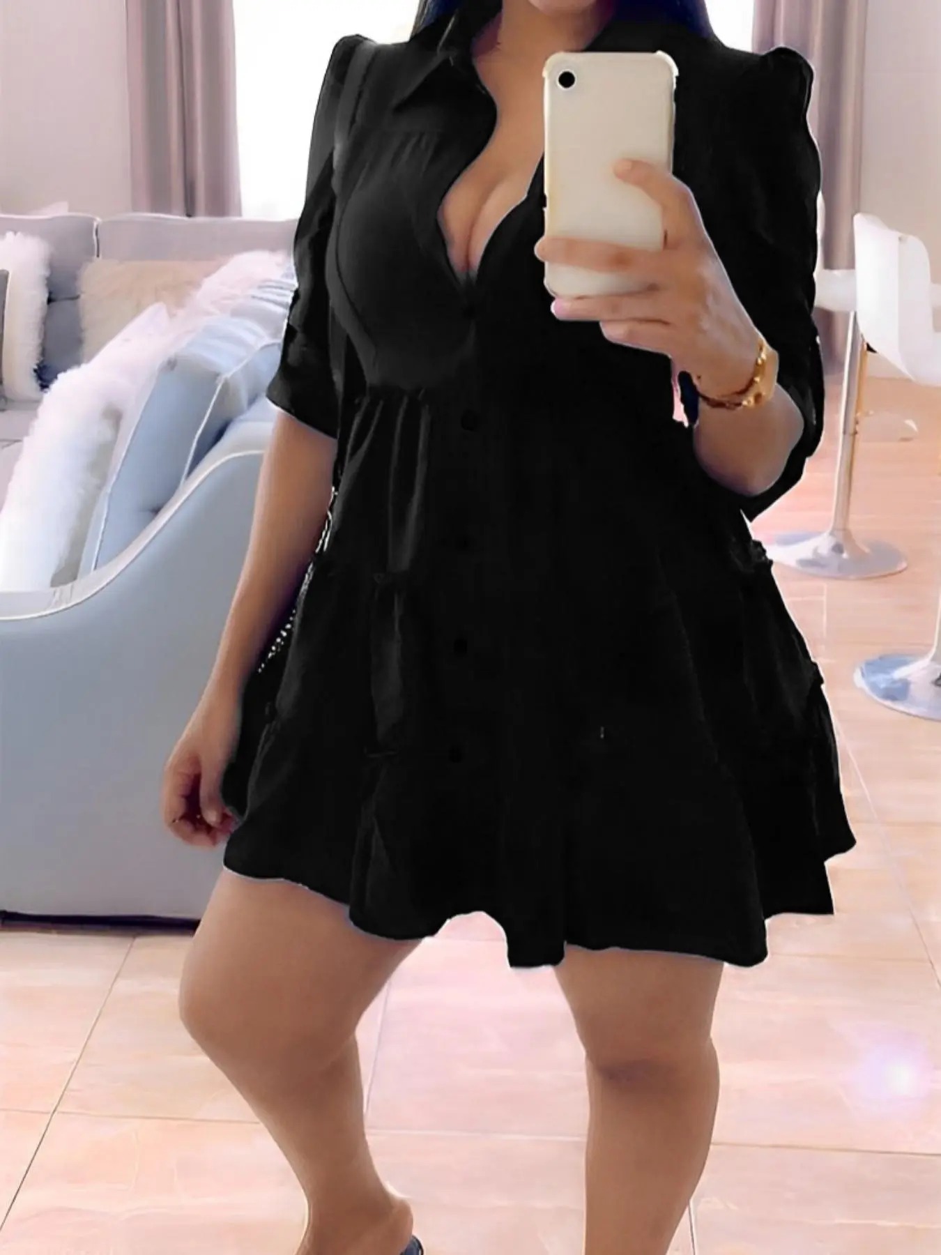 Elegant Frill Trim Button-Down Shirt Dress