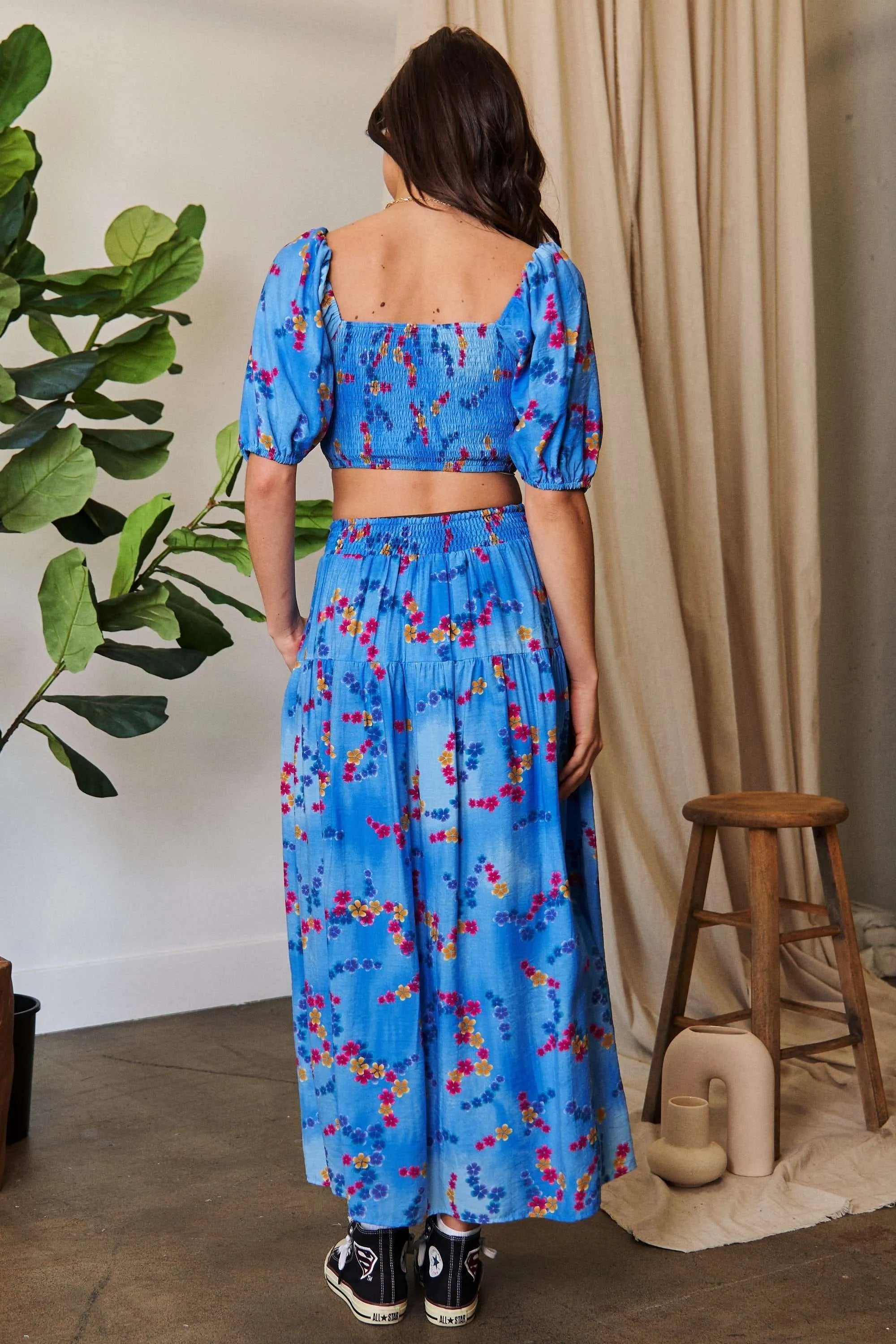 Printed Smocking Waistband Ruffled Maxi Skirt