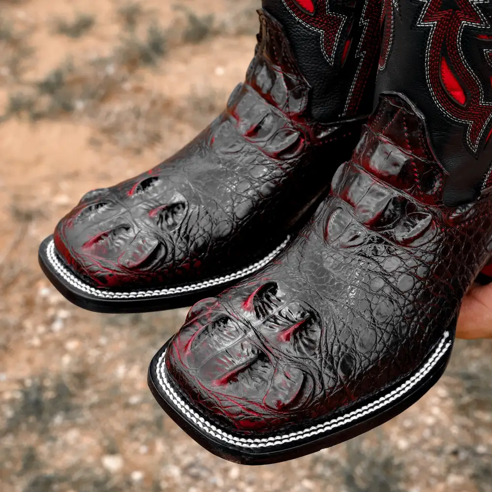 Black Cherry Caiman Neck Leather Boots - Square Toe