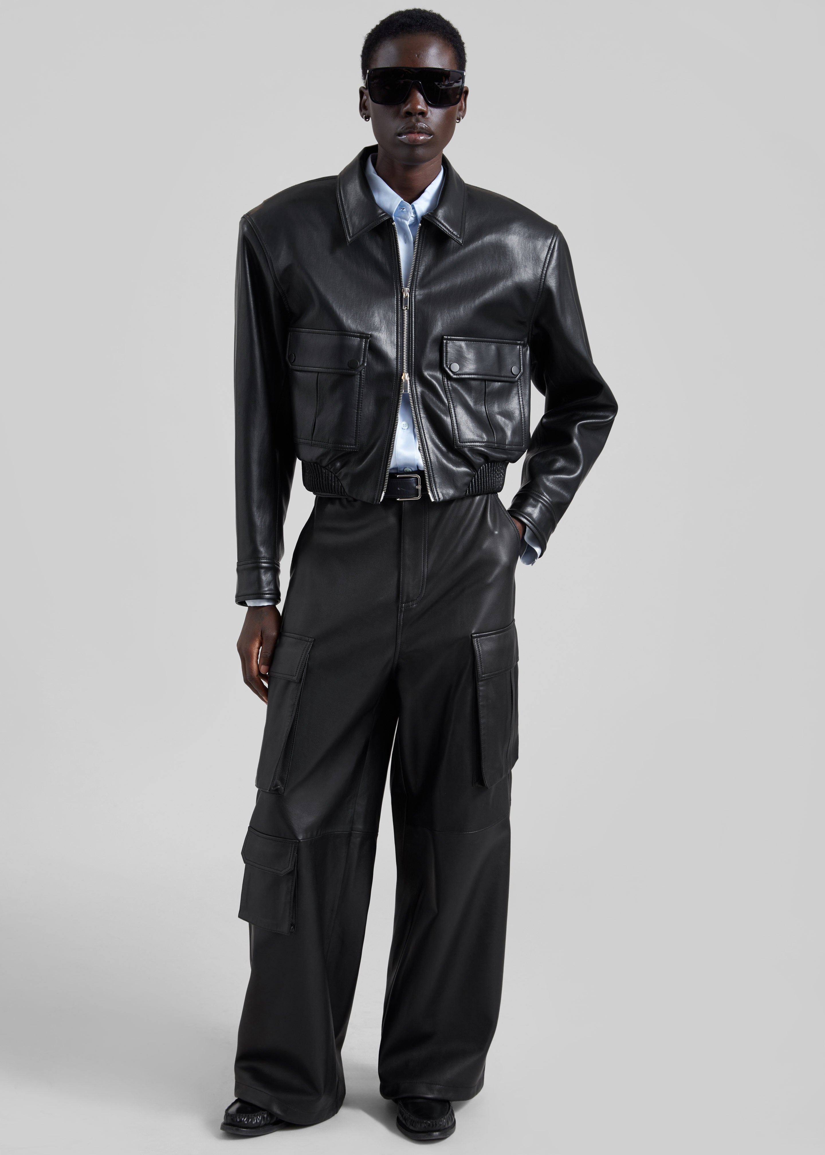 Denain Faux Leather Cropped Bomber Jacket - Black