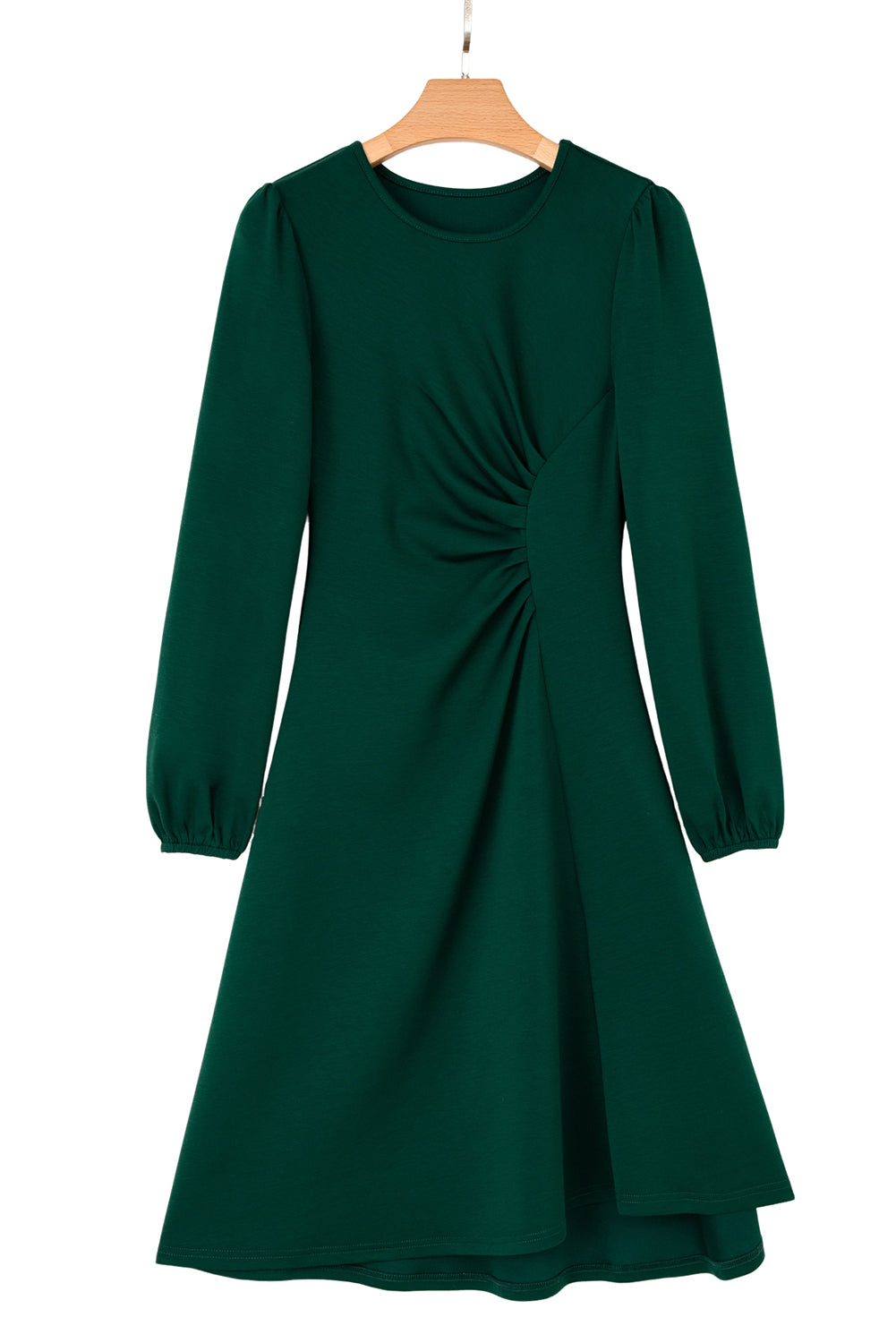 Blackish Green Solid Color Ruched Detail Long Sleeve Midi Dress