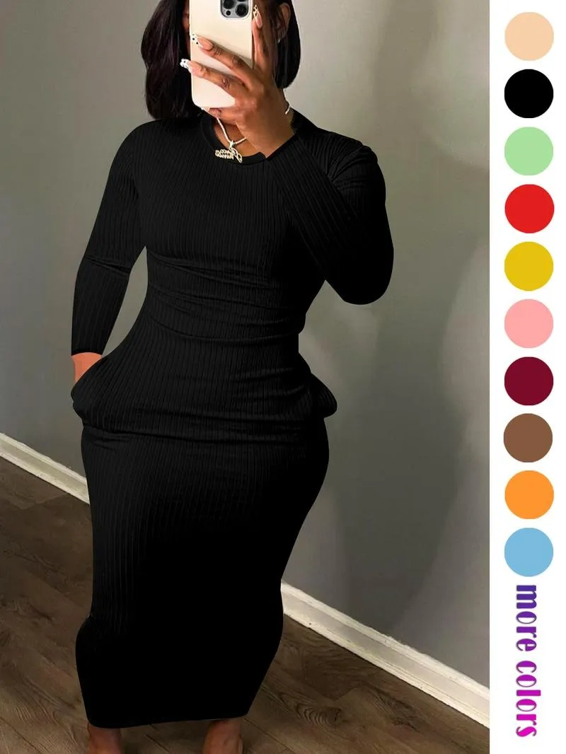 Women's Long Sleeve Pocket Dress, Breathable Elastic Multi-Color Party Casual Travel Pure Color Maxi Dress