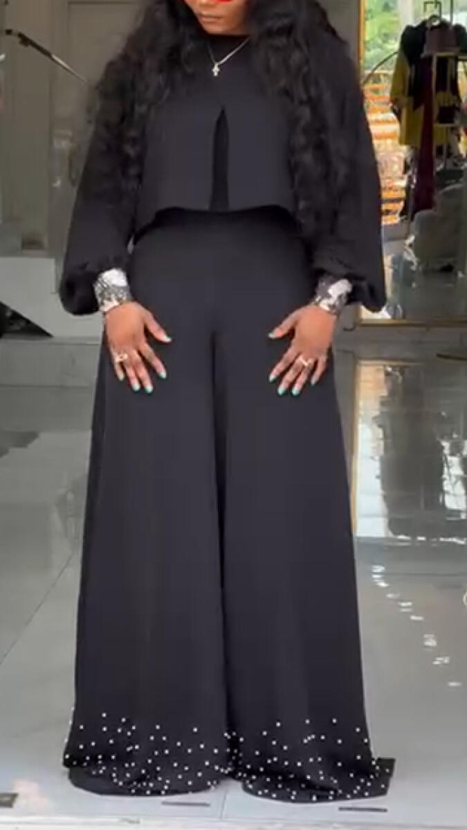 Women Round Neck Patchwork Top+ Pants Casual Set with Temperament