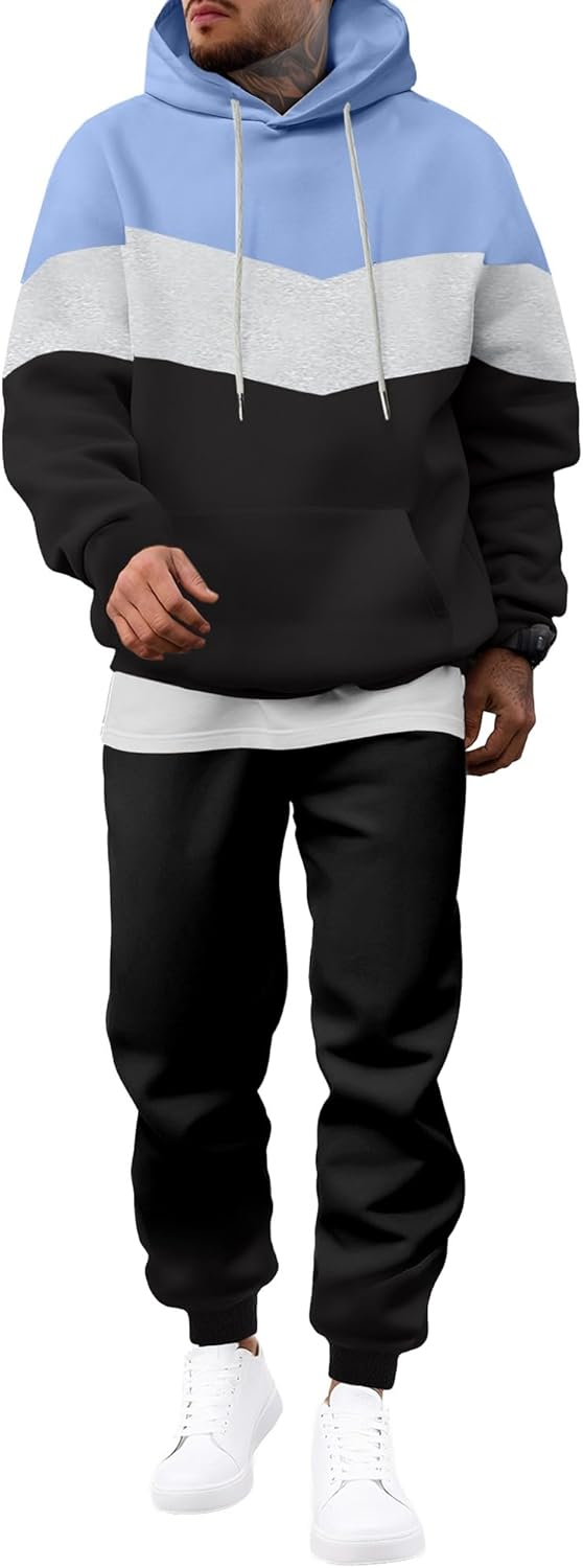 Men's Hoodie Tracksuit 2 Pieces Set Novelty Color Block Pullover Fleece Hoodies Long Sleeve Casual Sweatshirt