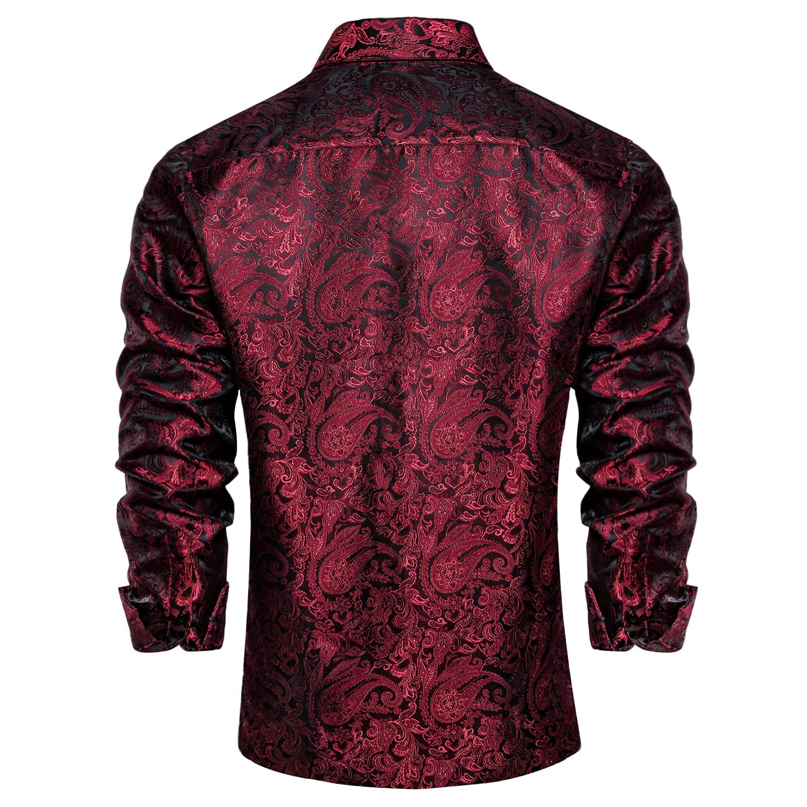 Men's Paisley Dress Shirt Long Sleeve Wrinkle Free Button Down Cowboy Shirts - Deep Red&black&paisley