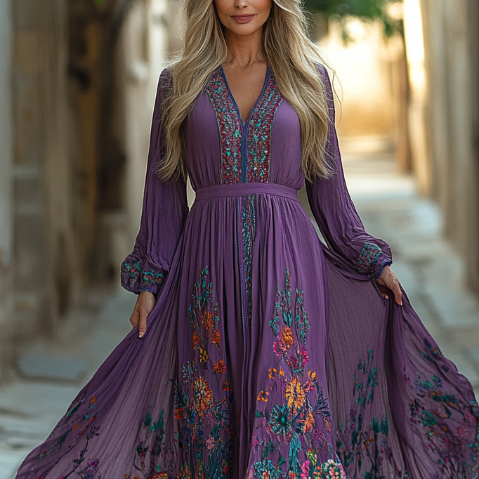 Ethnic Embroidery Vintage Casual Linen Dress 0f56