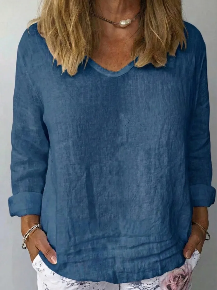 Women's V-neck Long-sleeved Cotton And Linen Top