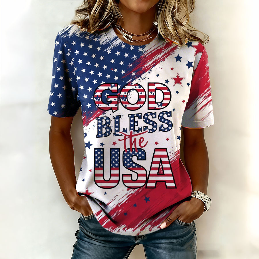 Women'S Retro American Independence Day Commemorative Printed Round Neck Short Sleeved T-Shirt