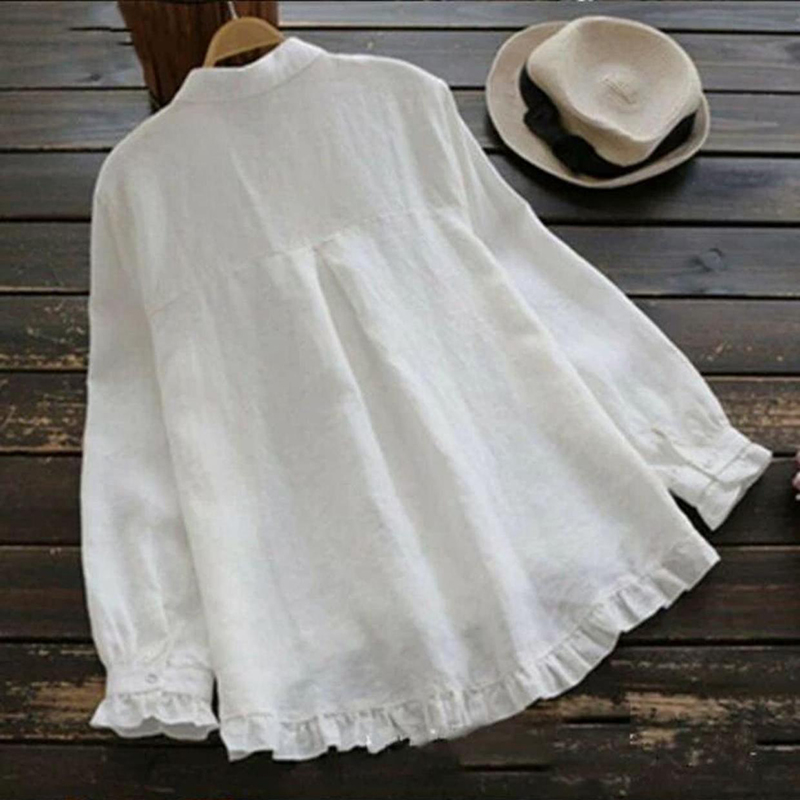 Vintage Plain Shirt Collar Button Down Long Sleeve Blouse b996