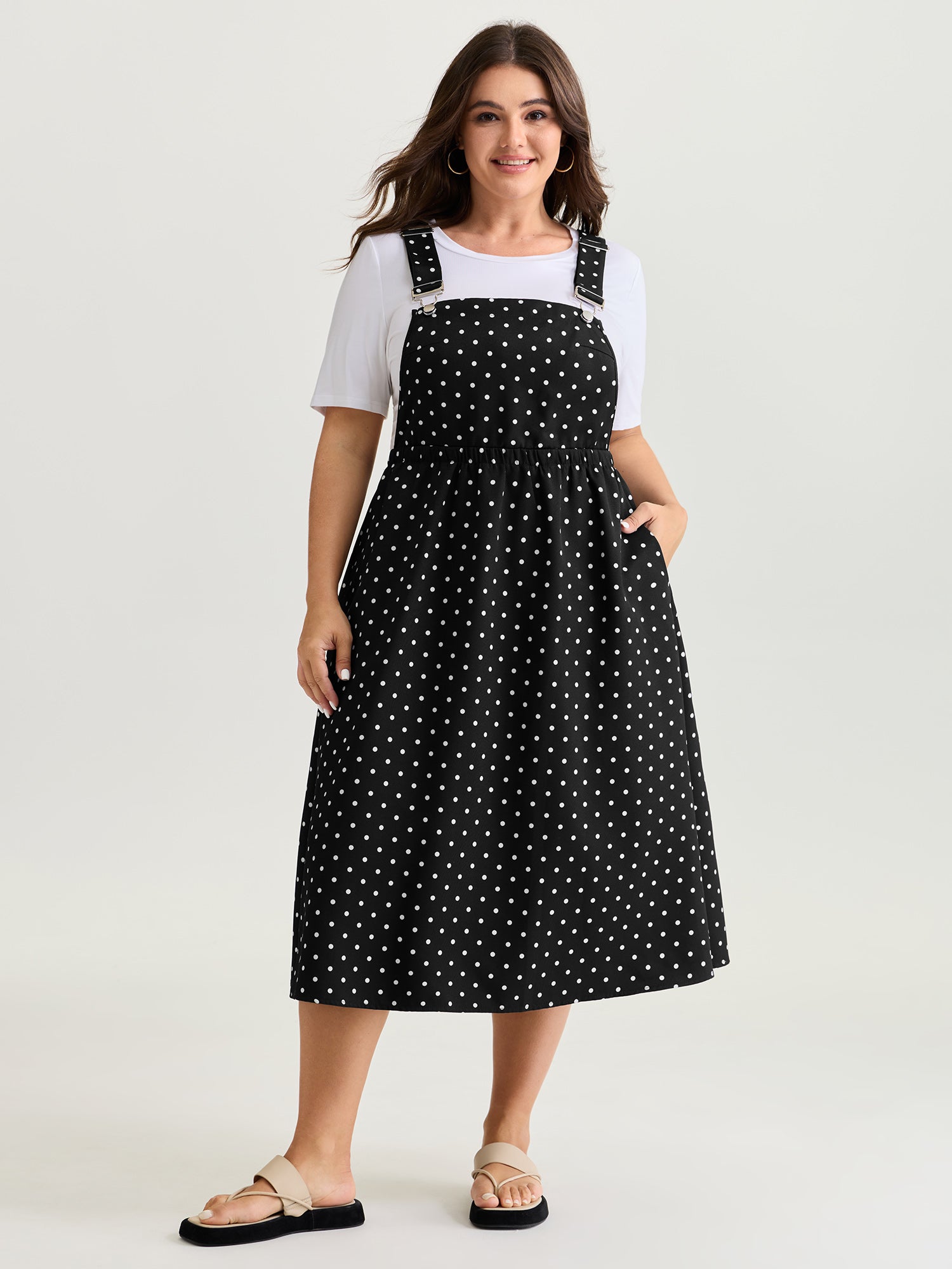 Polka Dots Print Adjustable Overall Midi Dress