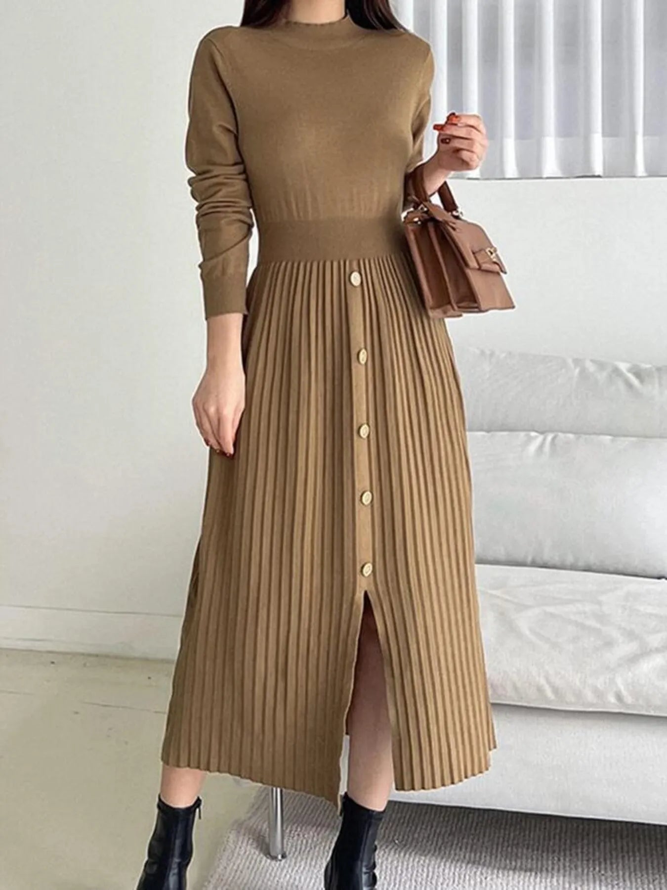 Slit Front Mock Neck Long Sleeve Knit Dress