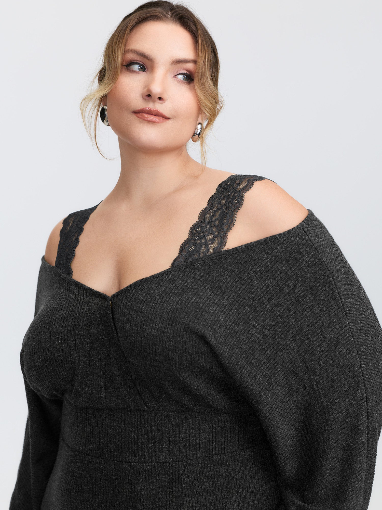 Lace Trim Off-Shoulder Split Hem Midi Dress