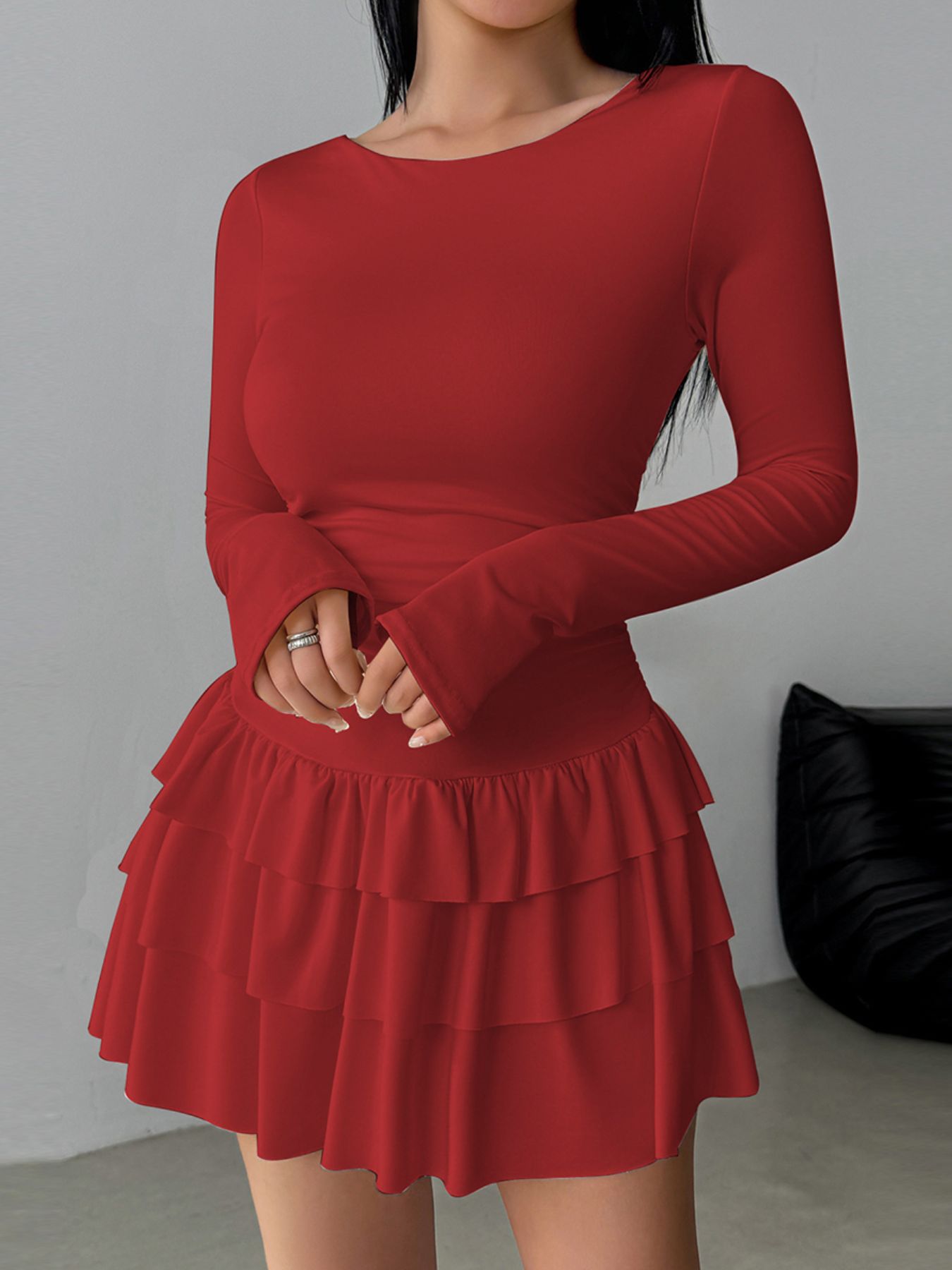Ruffle Hem Long Sleeve Mini Dress