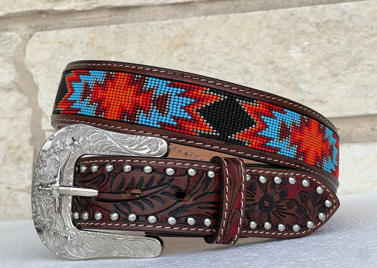 Brown Hand-Tooled Artesanal Beaded Leather Belt