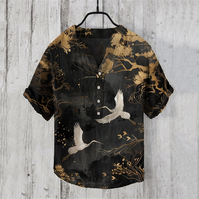Japanese Crane Art Linen Blend Shirt