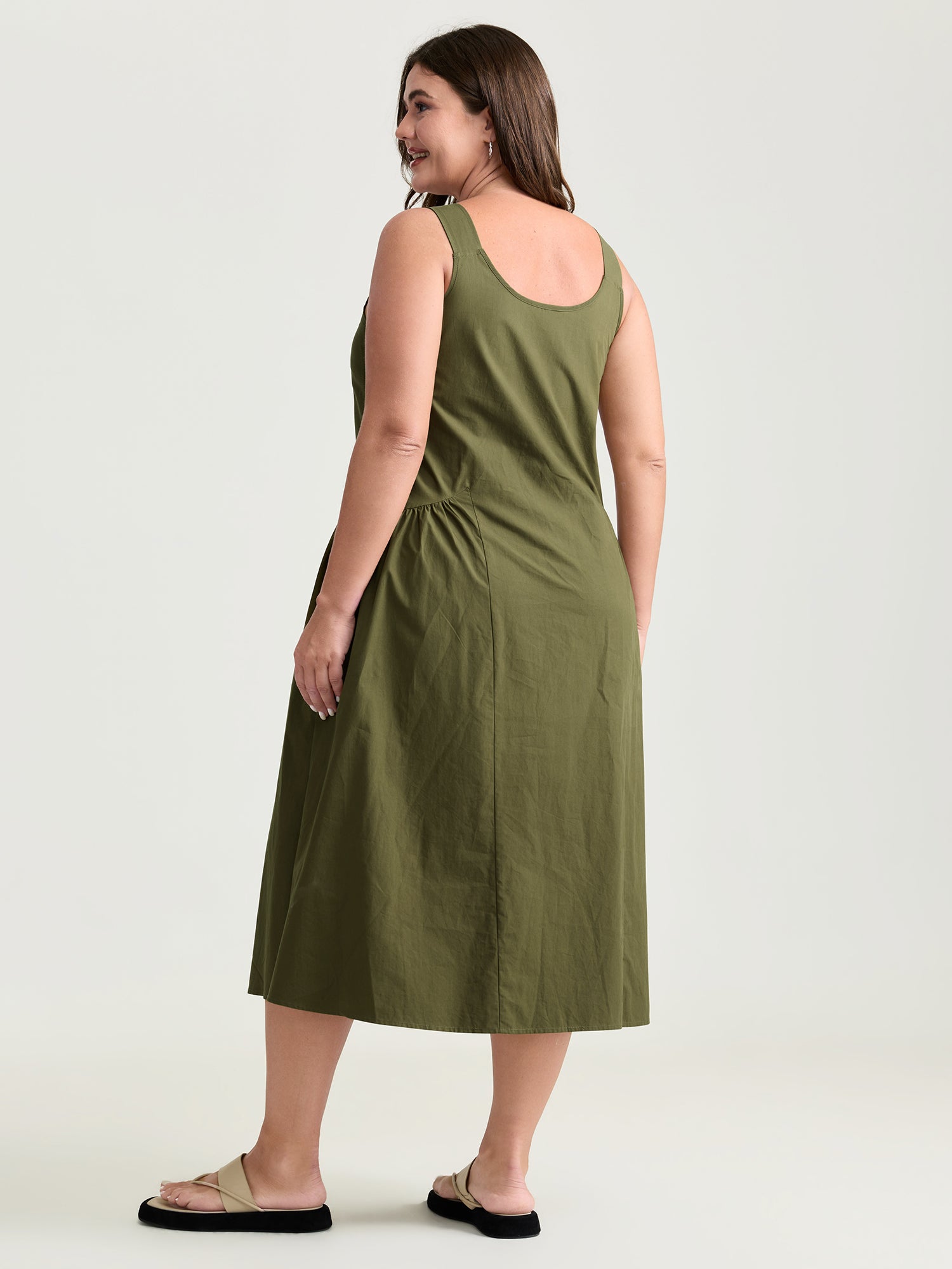 Pure Cotton Pleated Drop Waist Overall Midi Dress