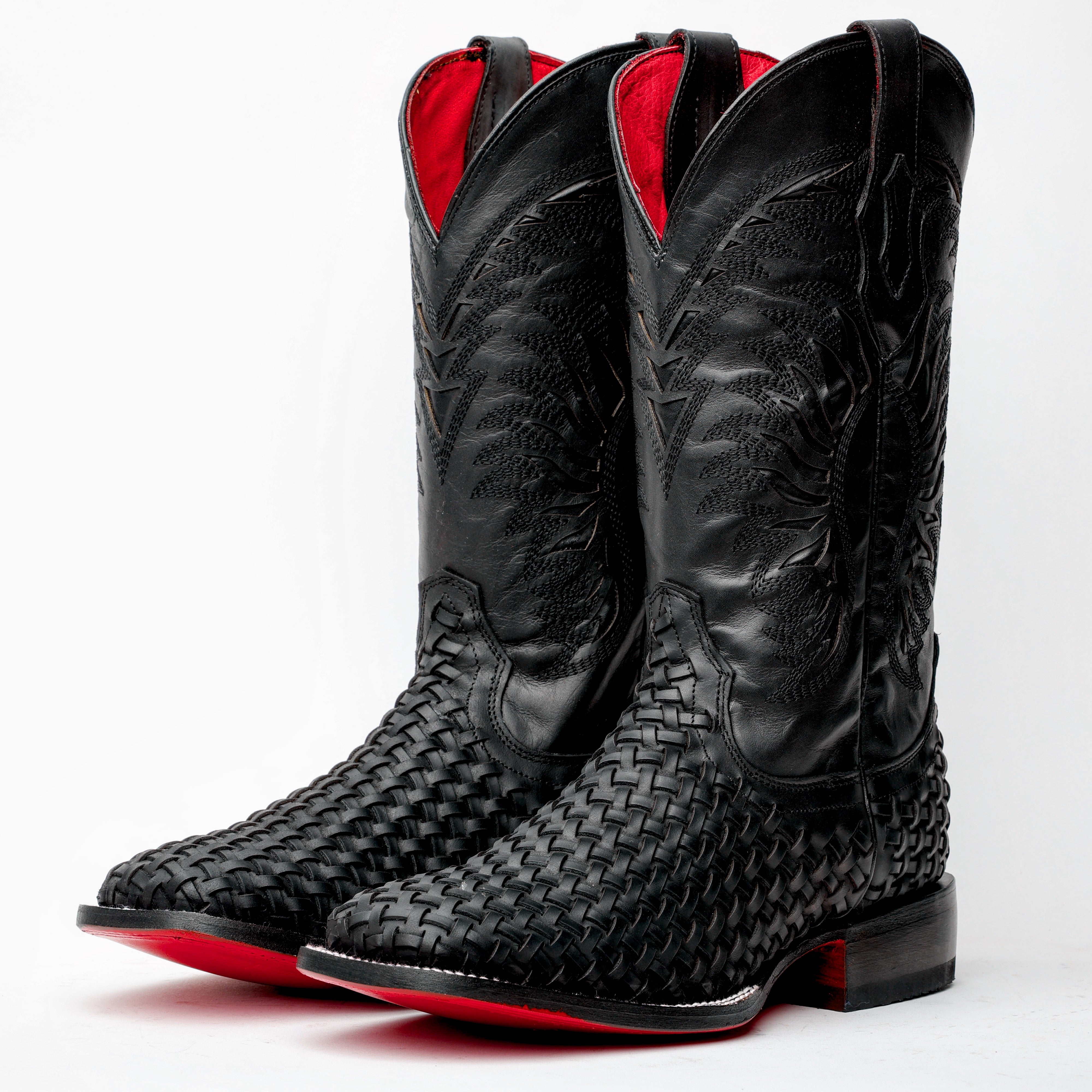 Black Basketweave Leather Boots - Square Toe