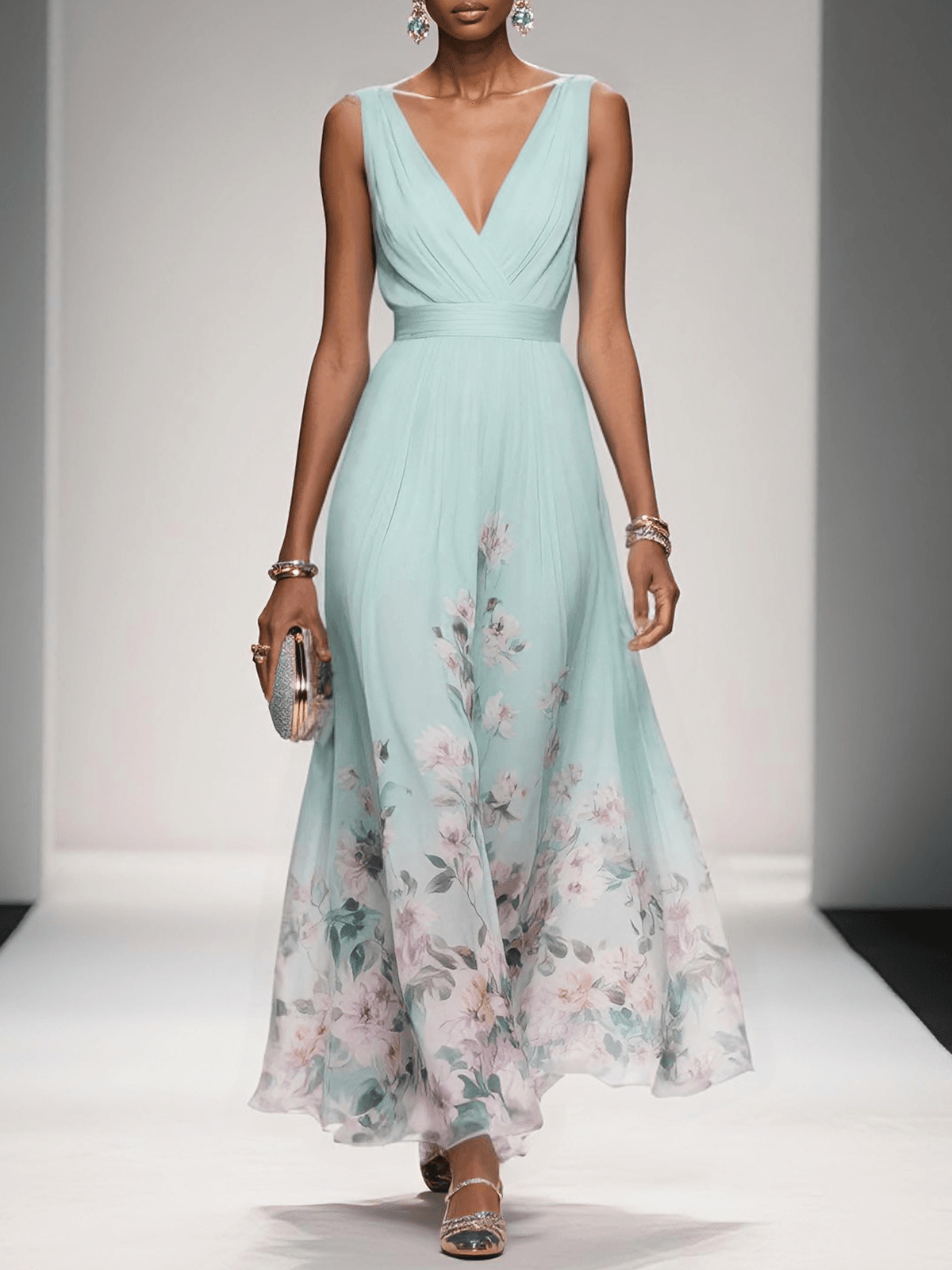 Light Blue Floral Chiffon V Neck Sleeveless A-Line Maxi Dress