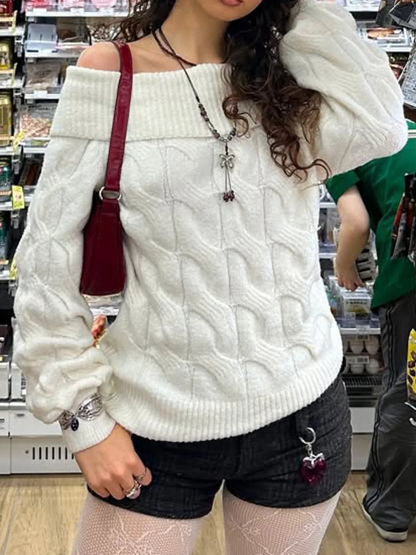 Cable Knit Off-Shoulder Sweater