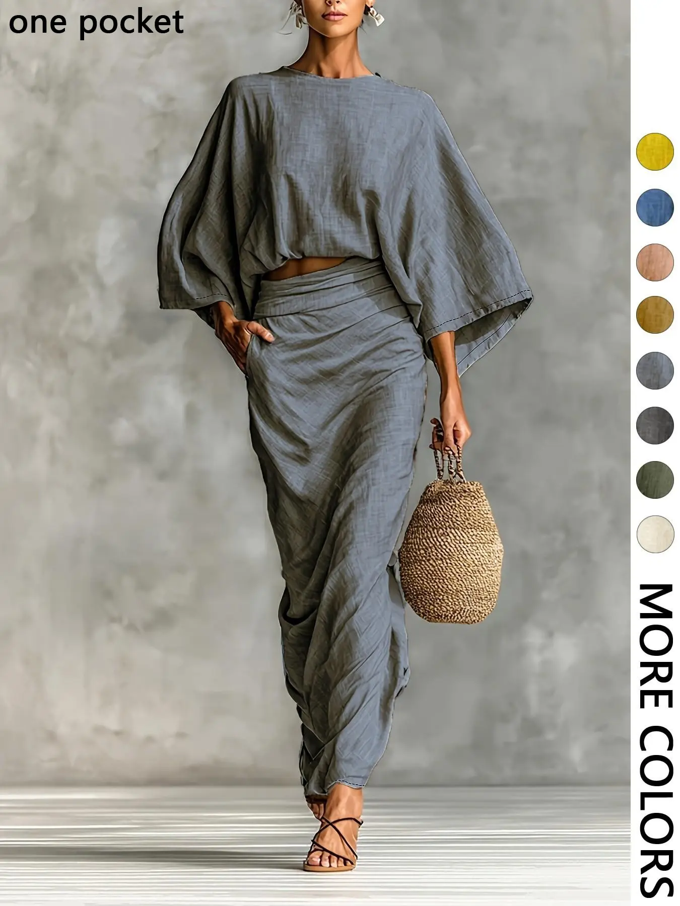 Women's Stylish Loose-Fitting Casual Two-Piece Set, Spring & Fall Comfortable Long Skirt with Waist Definition and Pocket one pocket