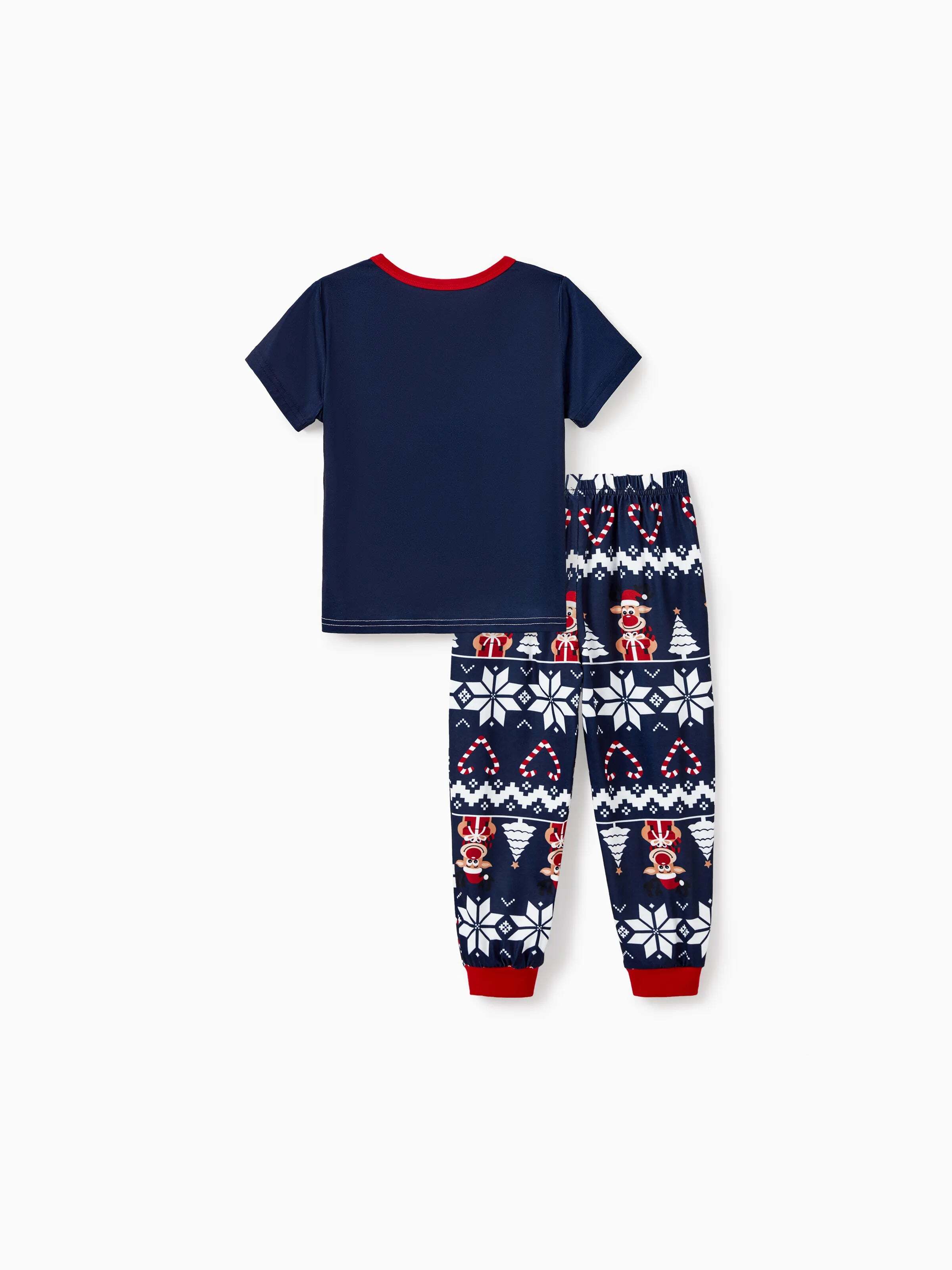 Christmas Matching Family Pajamas Set Reindeer and Snowflake Print PJS Deep Blue