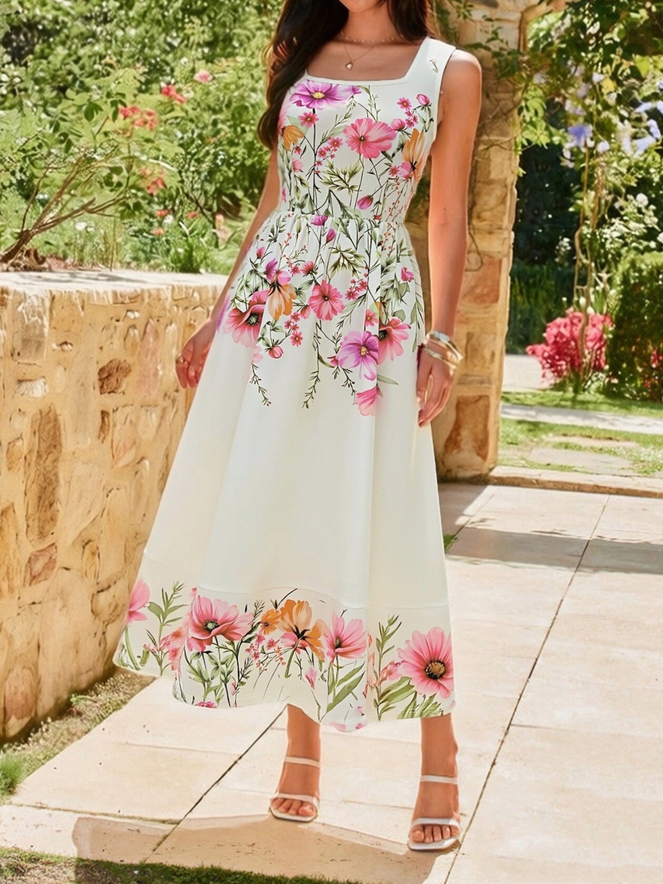 Floral Print Square Neck Dress