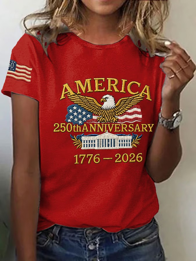Ladies' 250Th Anniversary Commemorative Printed Round Neck Short Sleeve T-Shirt For American Independence Day