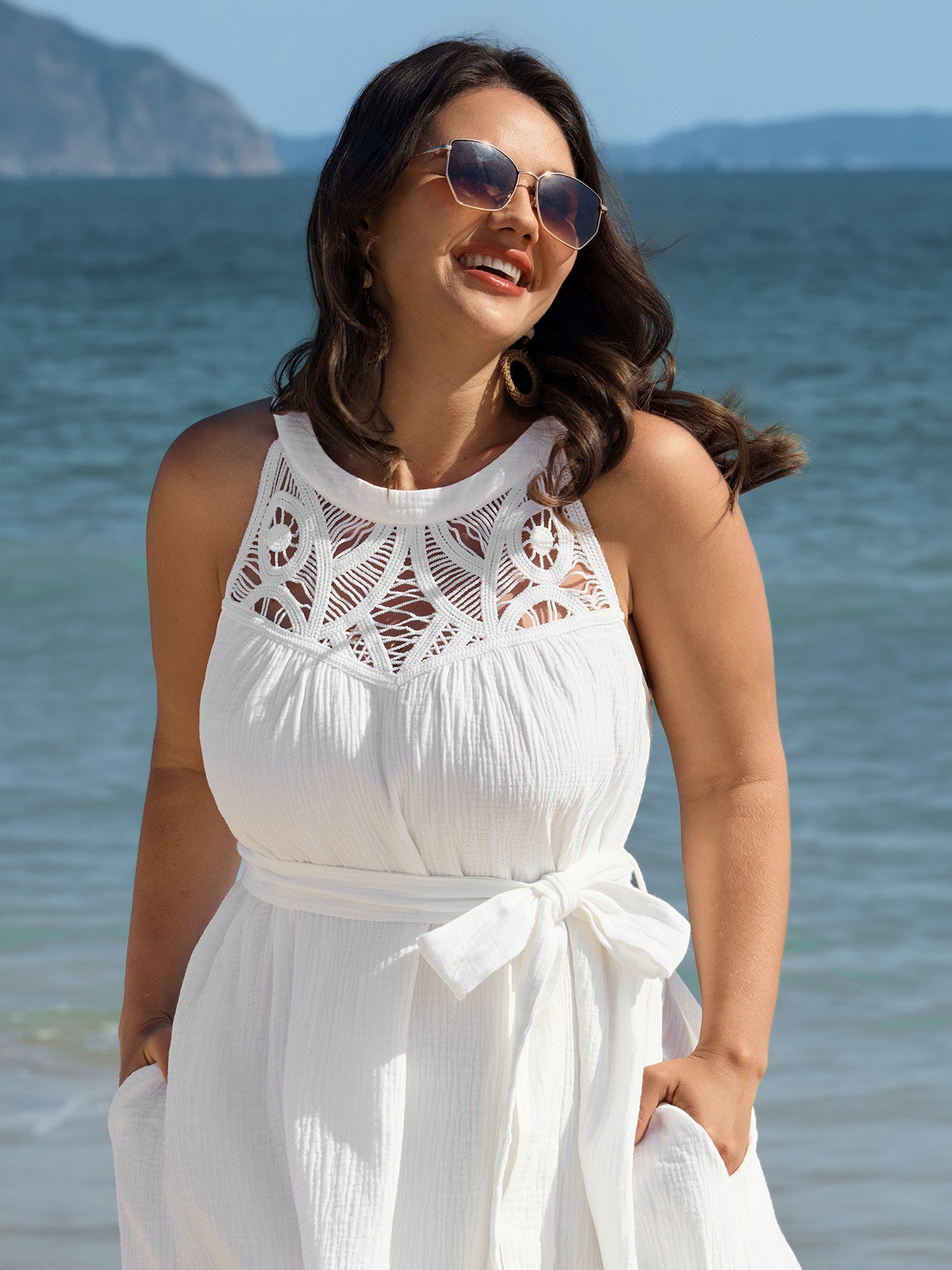 Cotton Sheer Lace Neckline Waist-Tie Maxi Dress