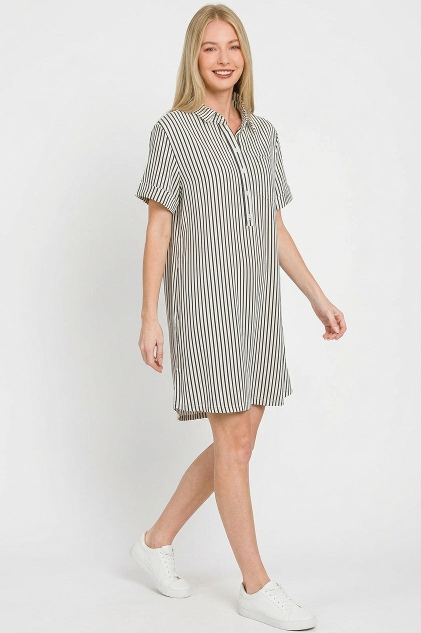 Zenana Stripe Collared Half Button Up T-Shirts Dress