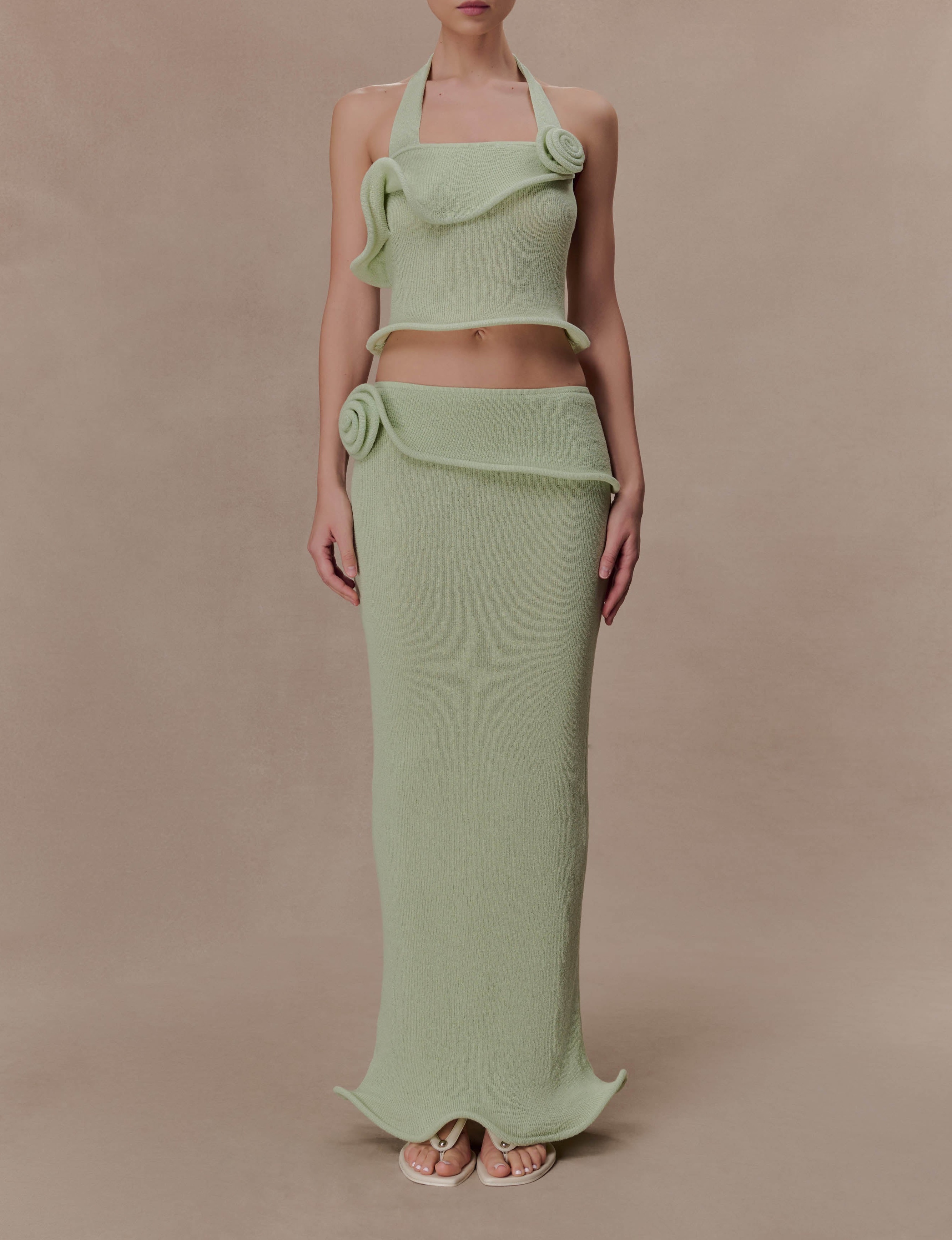 Green Halter Knit Twist Top