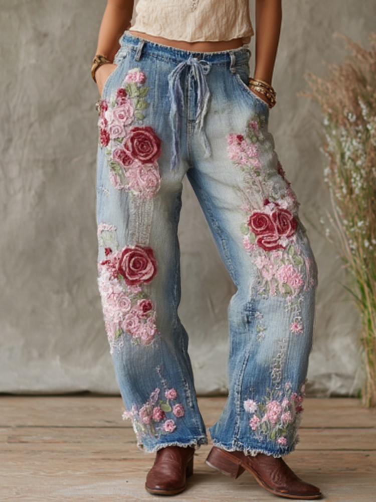 Love & Health Collection Retro Western Women Style Vintage Rose And Floral Patchwork Art Linen Pants