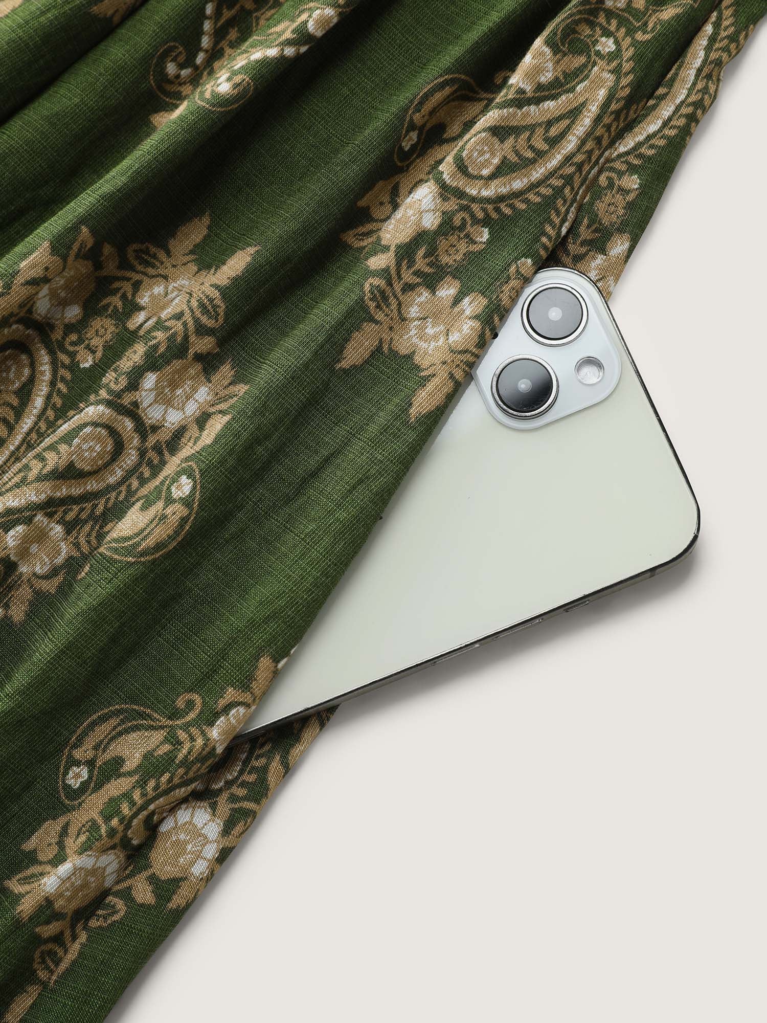 Paisley Print Pockets Shirred Waist Maxi Dress