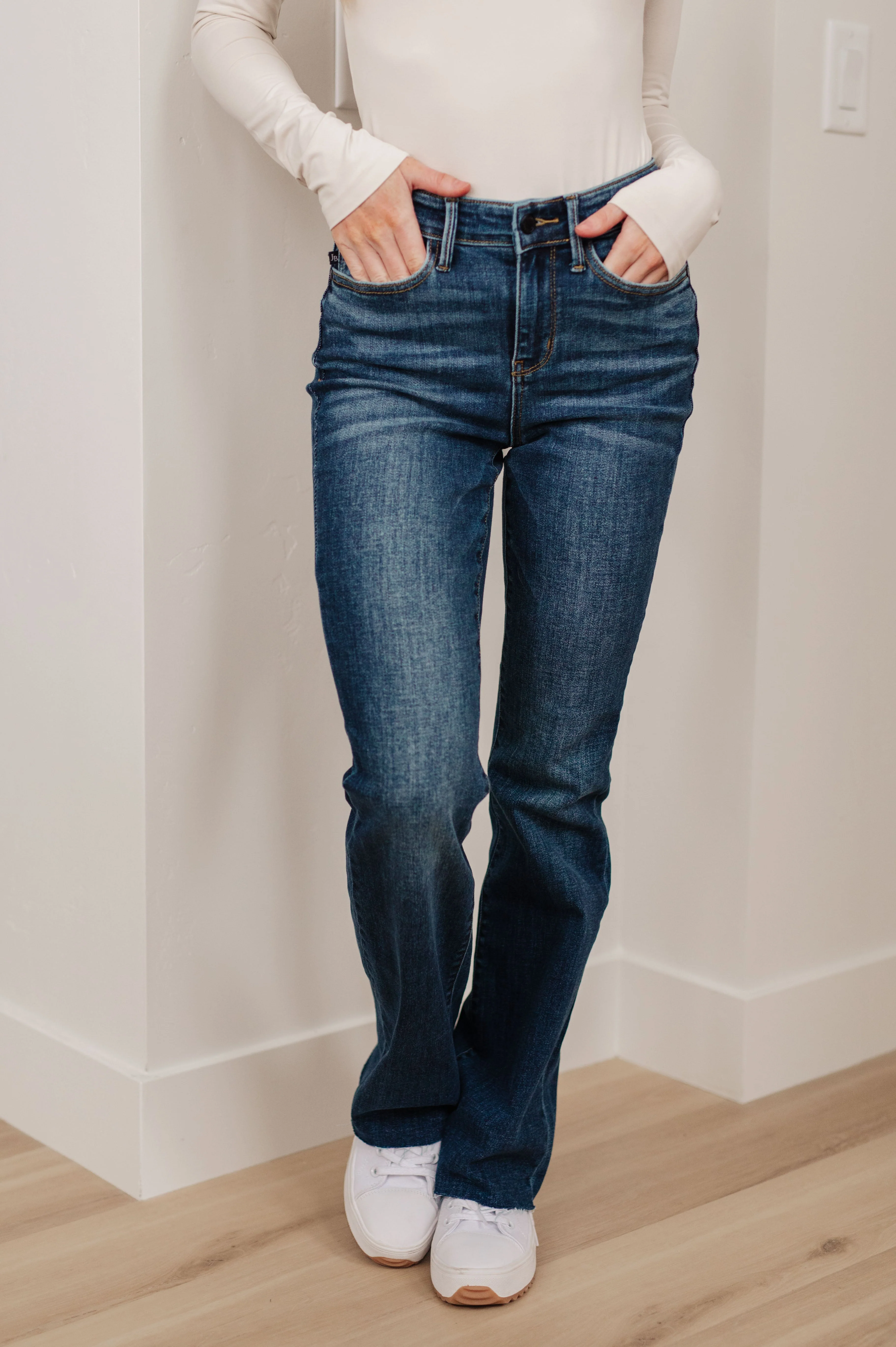 Blue Josephine Mid Rise Raw Hem Bootcut Jeans