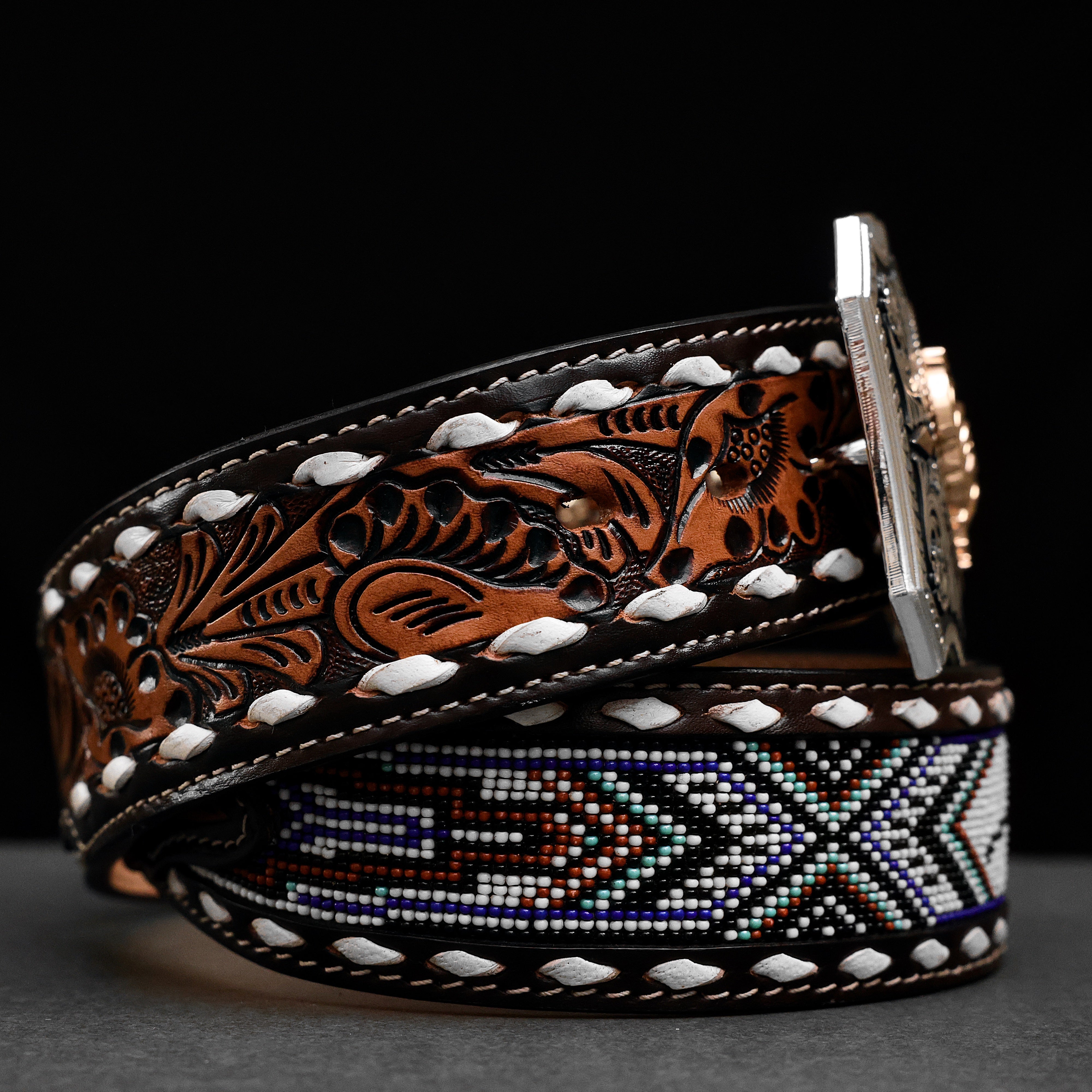2 Inch Hand-Tooled Artesanal Beaded Leather Belt