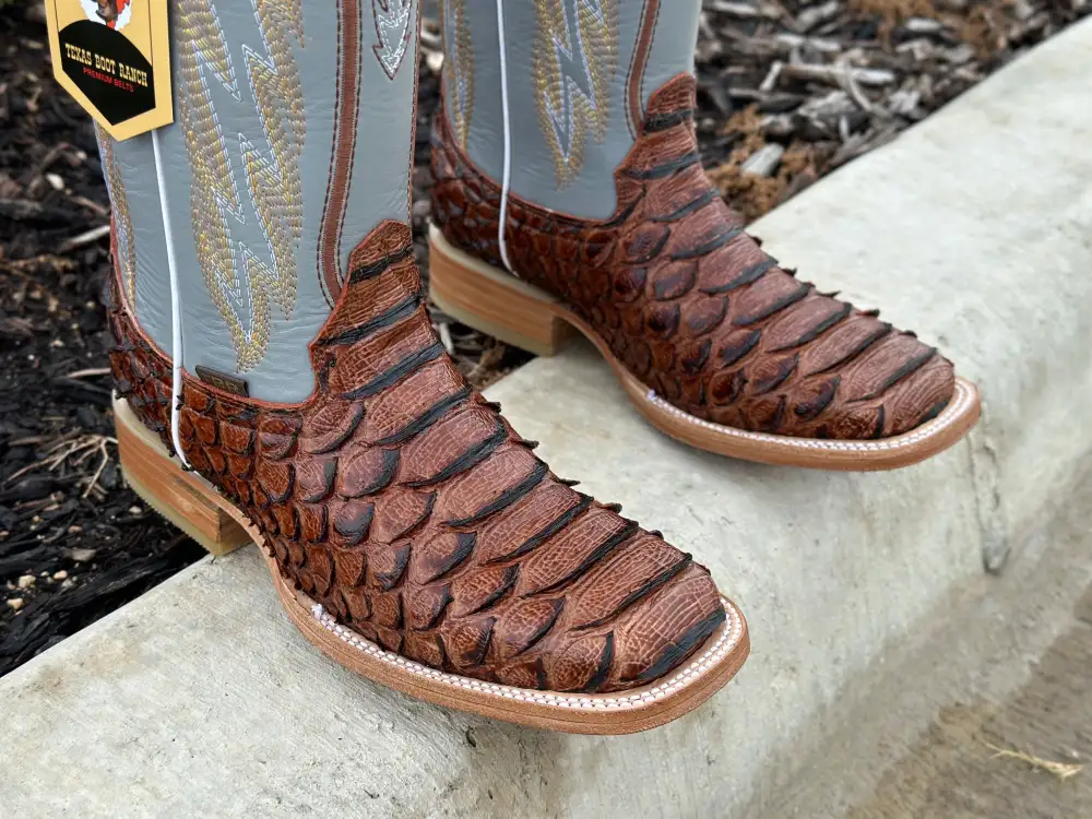 Men’s Cognac Python Leather Boots With Gray Shaft