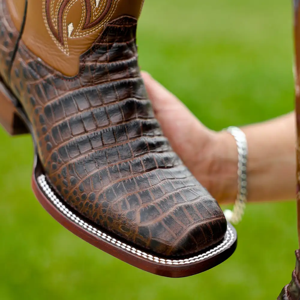 Brown Caiman Belly Leather Boots - Square Toe