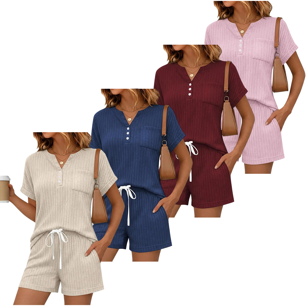 2 Piece Short Sets for Women Summer 2026 Lounge Short Sleeve Henley Outfits Sweatsuit with Pocket