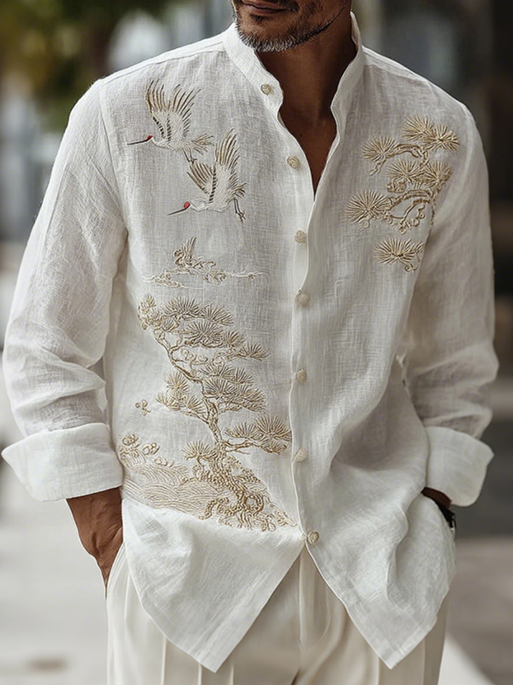 Men's Japanese-style Pine Tree With Cranes Pattern Linen Blend Shirt