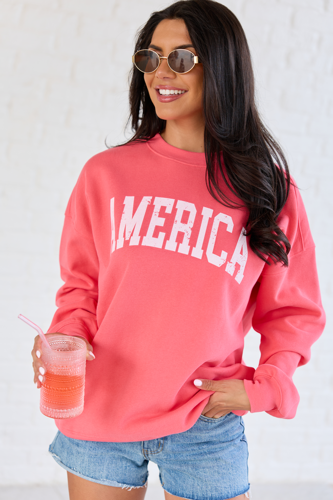 America Distressed Light Red Graphic Sweatshirt