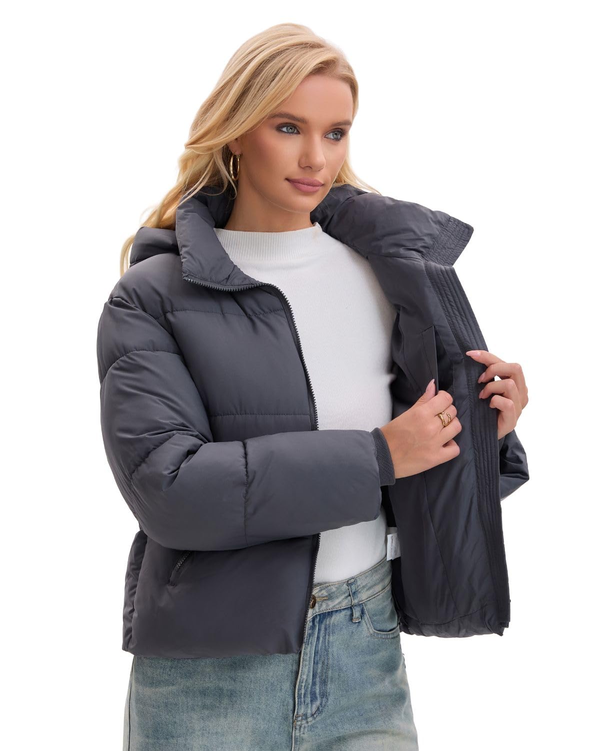 WarmCore Premium Short Puffer Jackets with Removable Hood & Optional Faux Fur Linging, Lady Casual Outerwear Longsleeves Zip Pockets Warm Quilted Coat