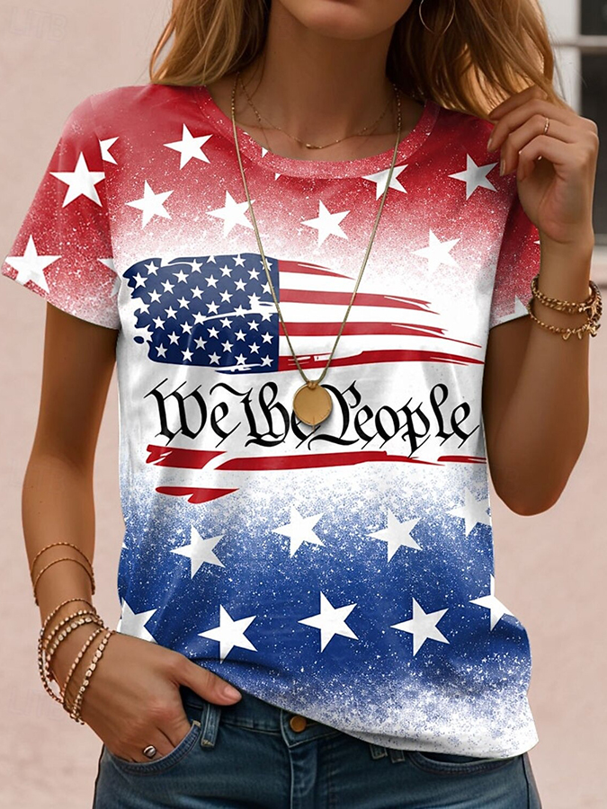 Ladies' Casual US National Day Gradient Printed Round Neck T-Shirt