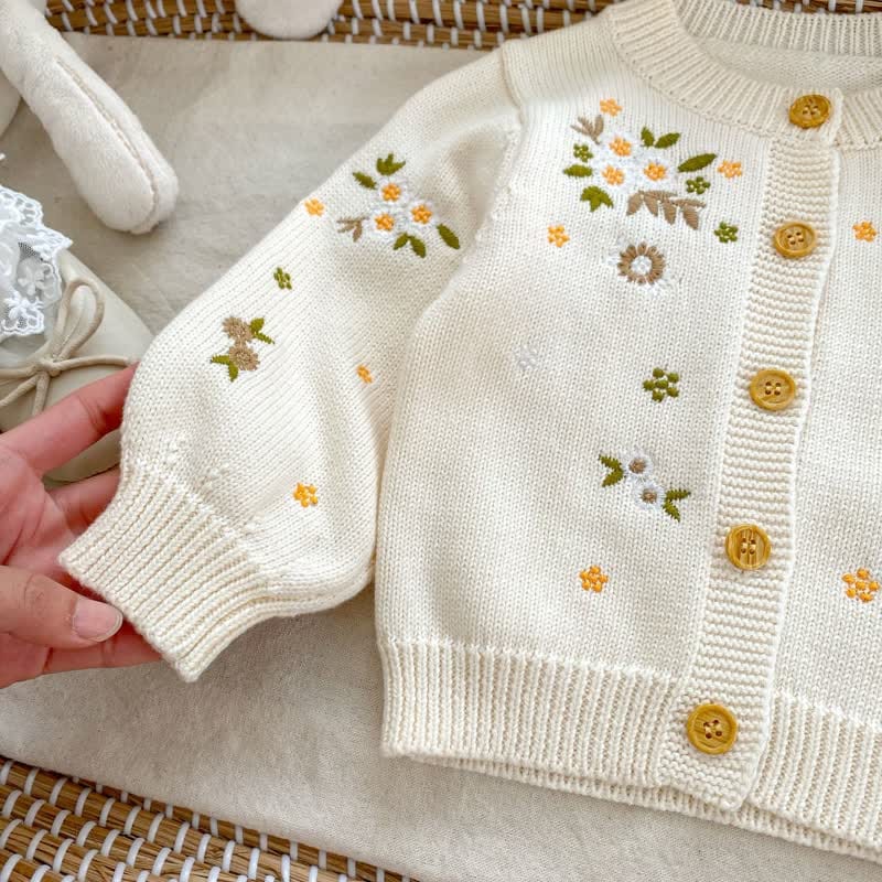 Embroidered Floral Beige Knit Cardigan