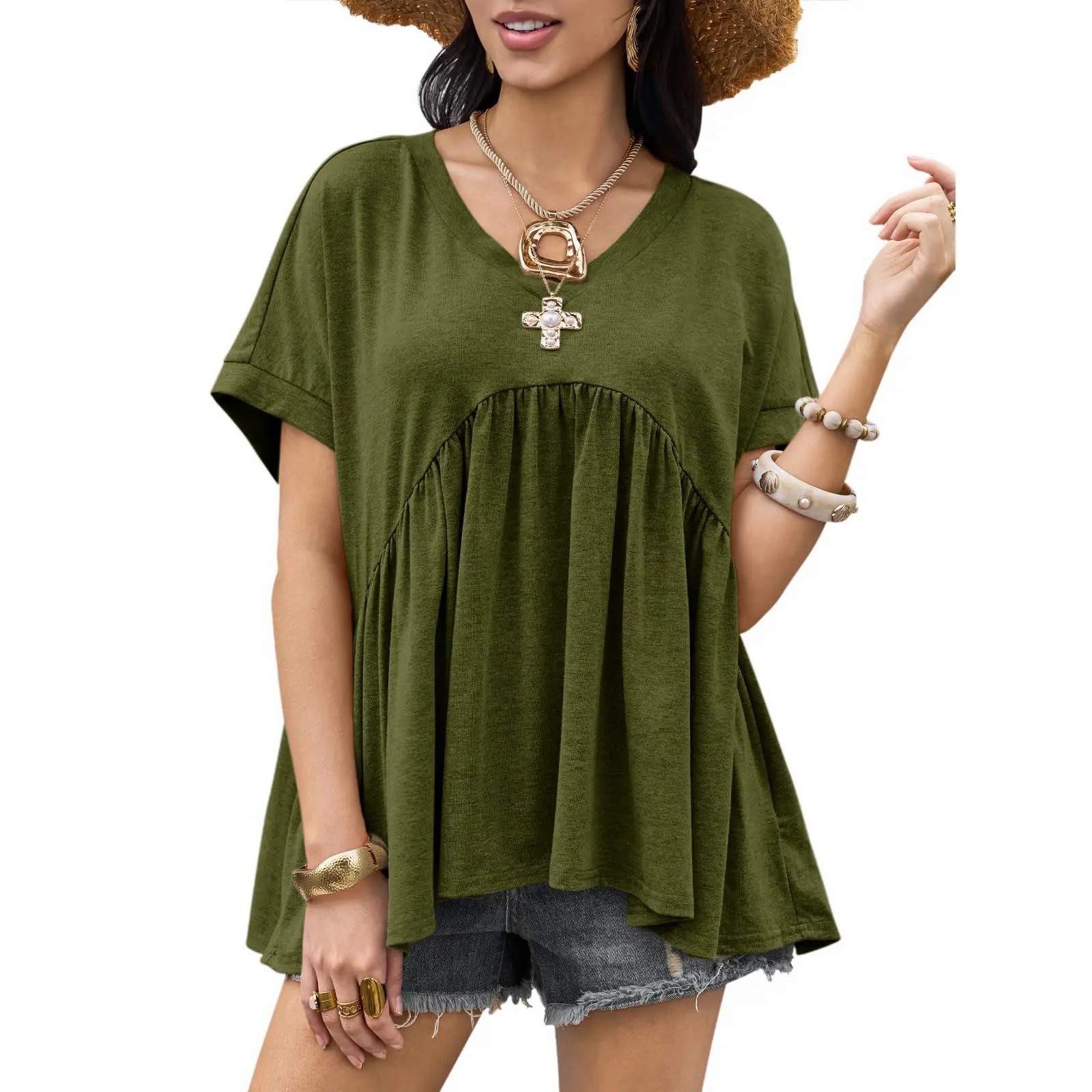 Women’s Flowing V-Neck Babydoll Peplum Blouse