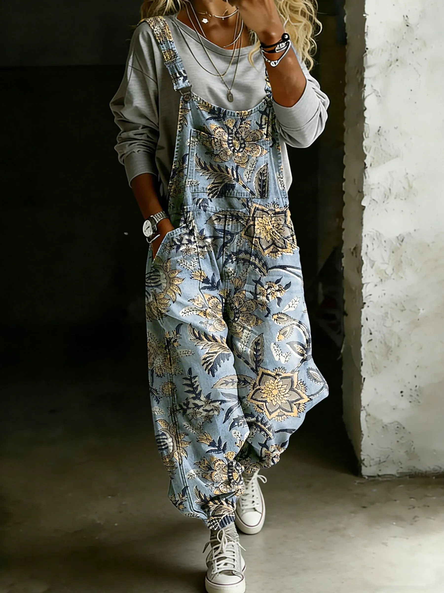 Women’s Vintage Abstract Ethnic Floral Art Print Casual One Piece Denim Jumpsuit