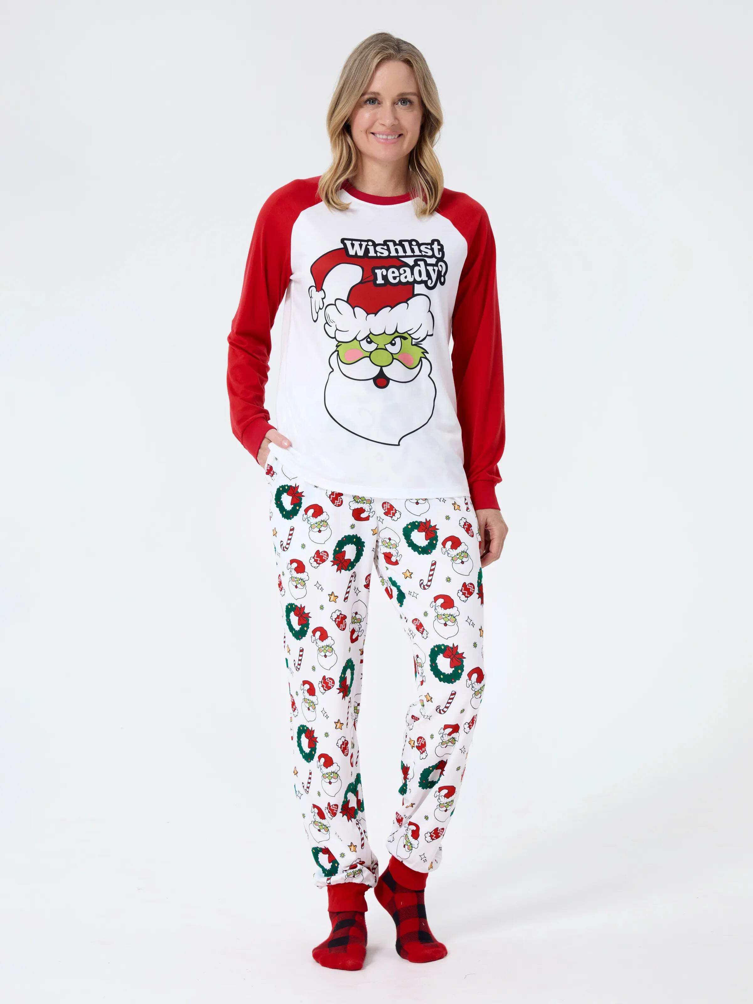Christmas Matching Family Pajamas Set Christmas Grinch-themed Print PJS with Christmas Socks Red
