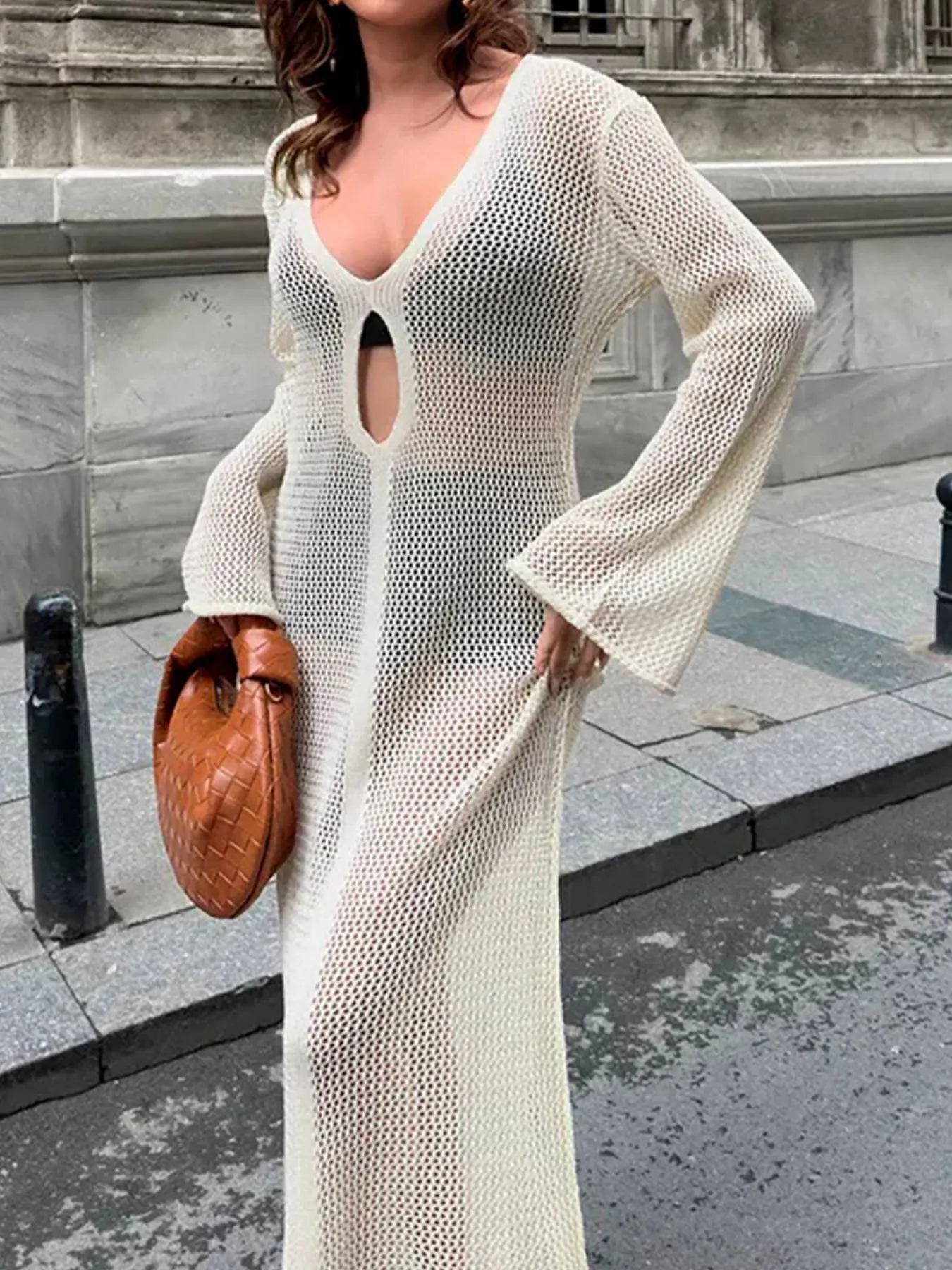 Cutout Long Sleeve Knit Cover-Up Maxi Dress
