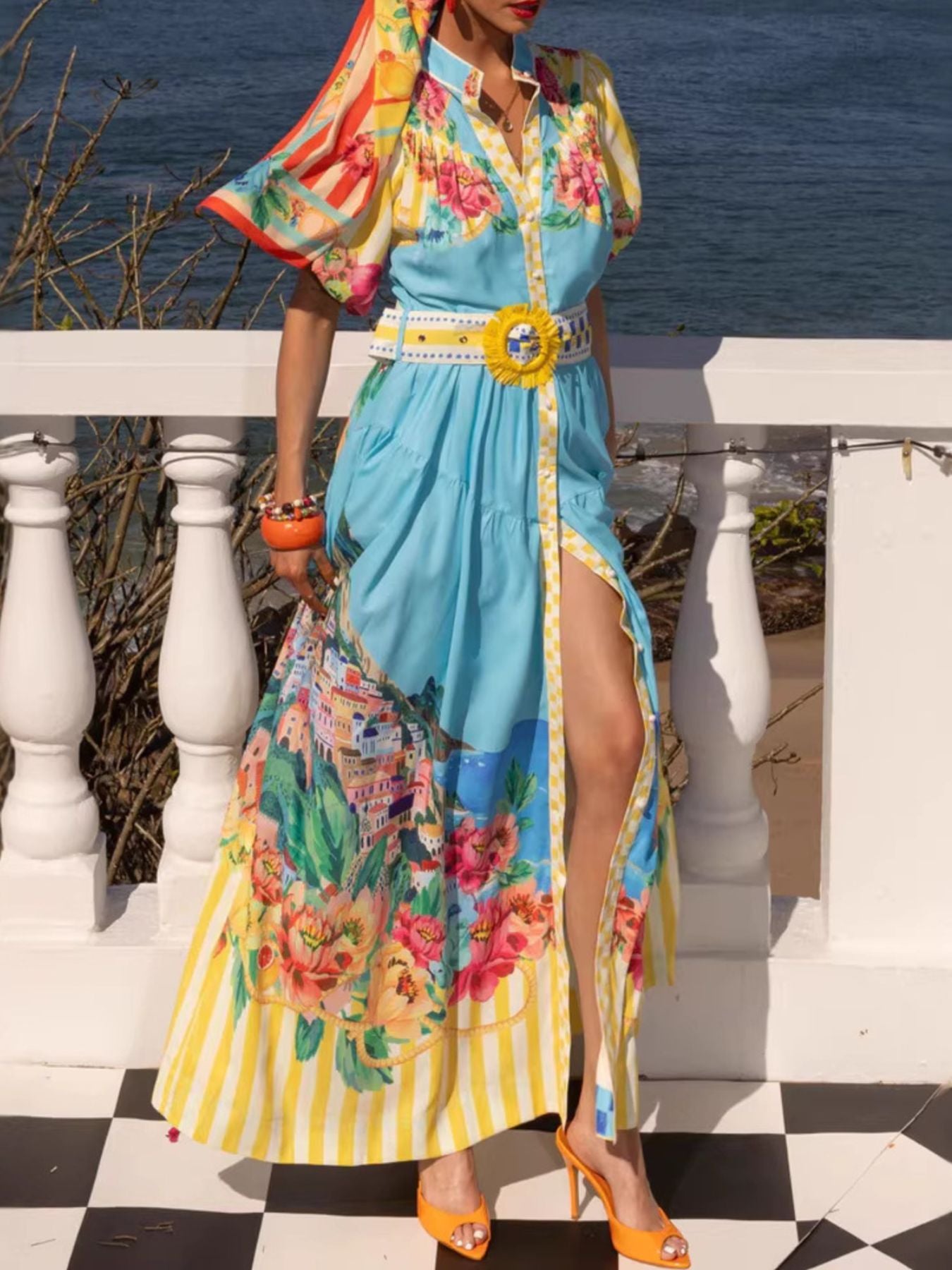 Printed Button Front Puff Sleeve Maxi Dress