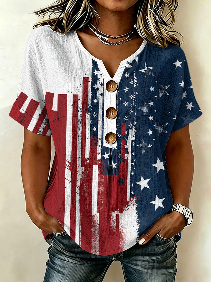 Women'S Retro Independence Day Flag Printed Cotton And Linen Short Sleeved T-Shirt
