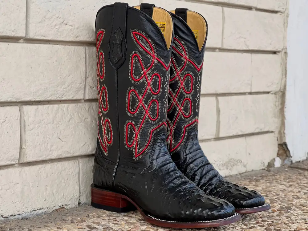 Men’s Black Crocodile Leather Boots With Black Shaft With Red Embroidery