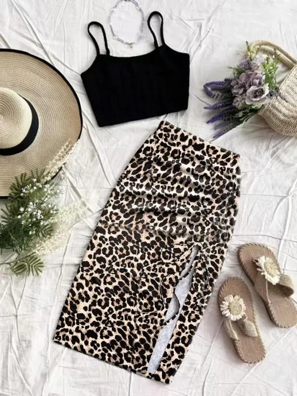 Women's Plain Cami Top & Ditsy Floral Print Ruched Drawstring Skirt